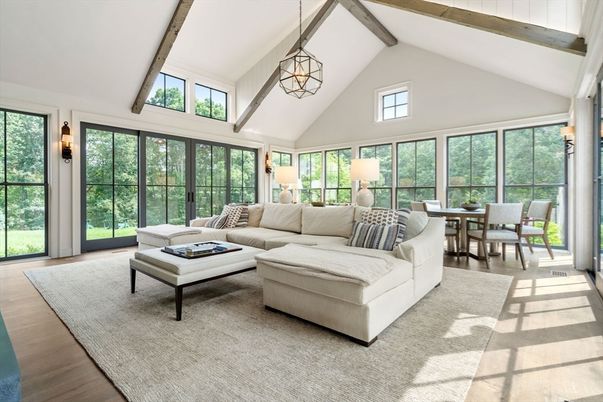 Dining room, Interior, Living room, Pendant Lights, Wooden Beams, Wood Texture Flooring