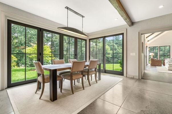 Dining room, Interior, Pendant Lights, Recessed Lighting, Wooden Beams