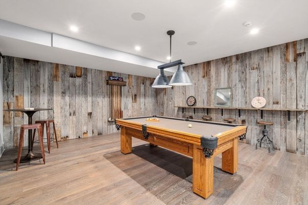 Billiard Table, Game Room, Interior, Pendant Lights, Recessed Lighting, Wood Texture Flooring, Wooden Walls