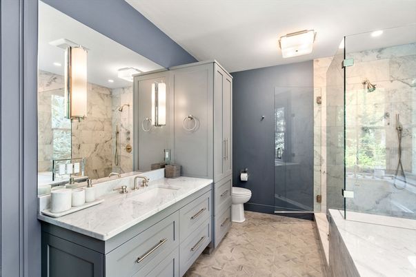 Bathroom, Dual Sink Vanities, Glass Shower, Interior, Marble Walls, Recessed Lighting