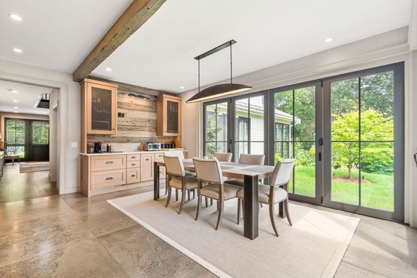Dining room, Interior, Pendant Lights, Recessed Lighting, Wooden Beams, Wooden Walls
