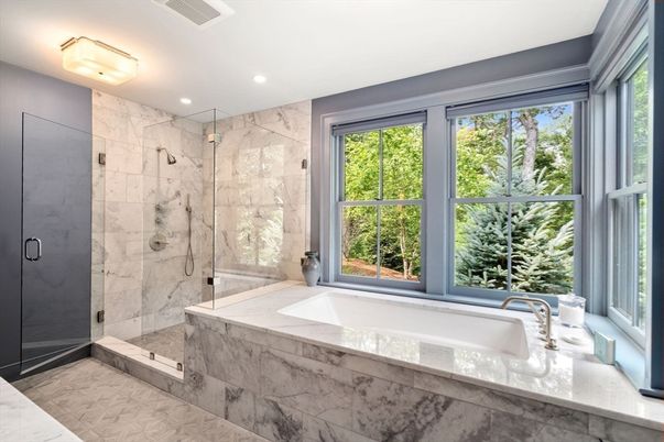 Bathroom, Glass Shower, Interior, Marble Walls, Recessed Lighting