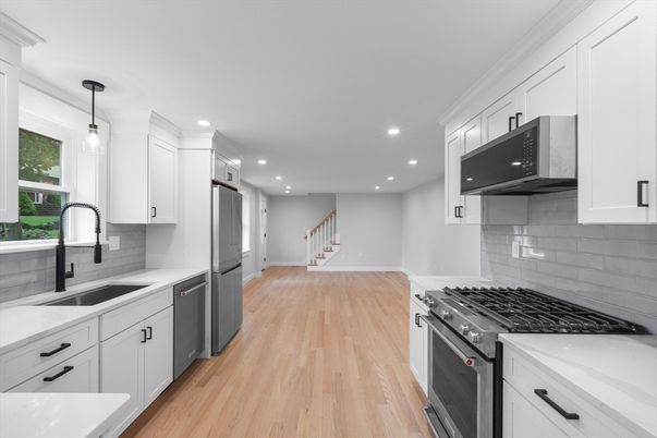 Interior, Kitchen, Pendant Lights, Recessed Lighting, Stainless Steel Appliances, Wood Texture Flooring