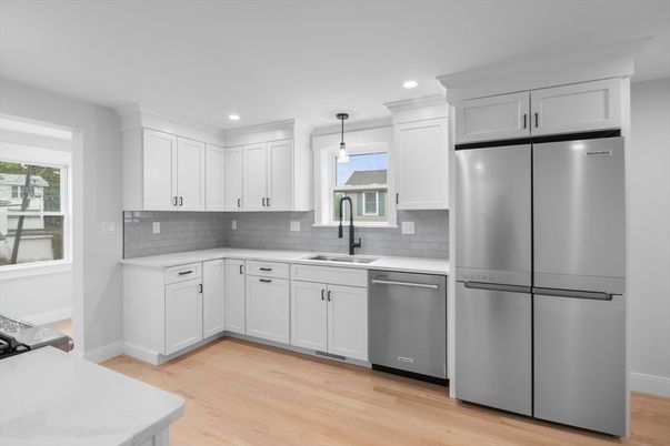 Interior, Kitchen, Pendant Lights, Recessed Lighting, Stainless Steel Appliances, Wood Texture Flooring