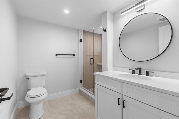 Bathroom, Dual Sink Vanities, Glass Shower, Interior, Recessed Lighting