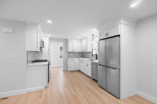 Interior, Kitchen, Recessed Lighting, Stainless Steel Appliances, Wood Texture Flooring