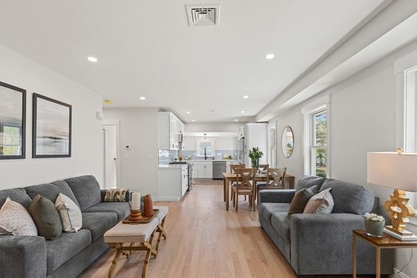 Dining room, Interior, Kitchen, Living room, Pendant Lights, Recessed Lighting, Wood Texture Flooring