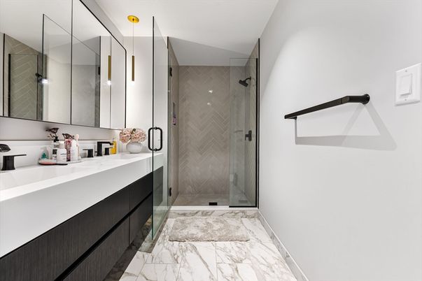Bathroom, Dual Sink Vanities, Glass Shower, Interior, Marble