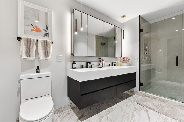 Bathroom, Dual Sink Vanities, Glass Shower, Interior, Marble