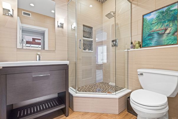 Bathroom, Glass Shower, Interior, Recessed Lighting, Wood Texture Flooring