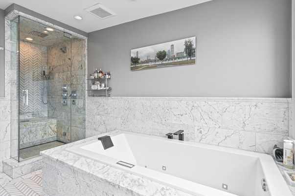 Bathroom, Glass Shower, Interior, Marble, Marble Walls, Recessed Lighting
