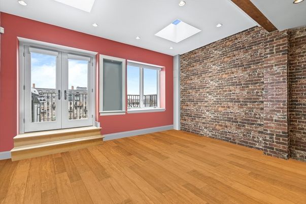 Empty room, Interior, Recessed Lighting, Stone Walls, Wood Texture Flooring