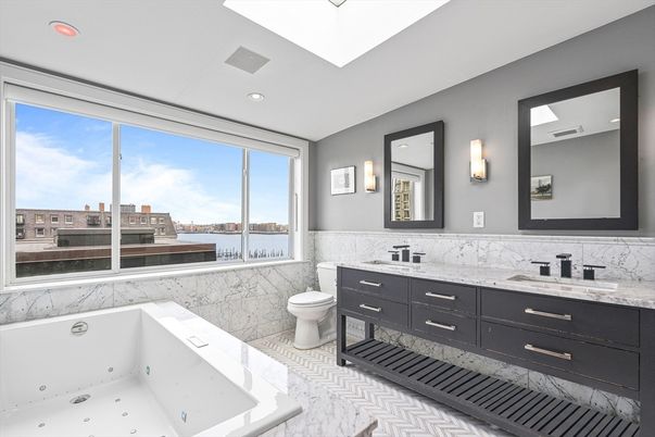 Bathroom, Dual Sink Vanities, Interior, Marble, Recessed Lighting, Water