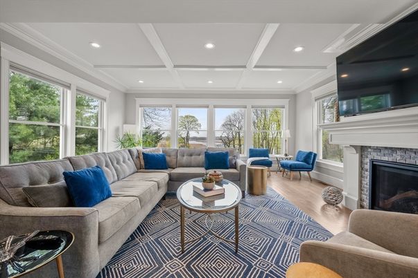 Fireplace, Interior, Living room, Recessed Lighting, Wood Texture Flooring