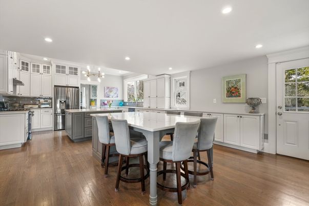 Chandelier, Interior, Kitchen, Recessed Lighting, Stainless Steel Appliances, Wood Texture Flooring