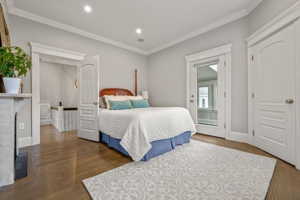 Bedroom, Interior, Recessed Lighting, Wood Texture Flooring