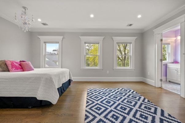 Bedroom, Chandelier, Interior, Recessed Lighting, Wood Texture Flooring