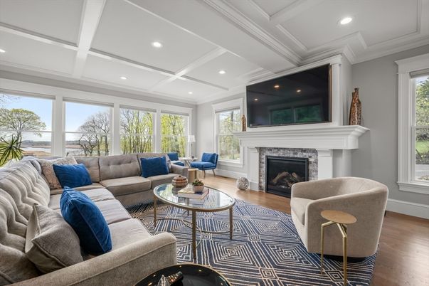 Fireplace, Interior, Living room, Recessed Lighting, Wood Texture Flooring