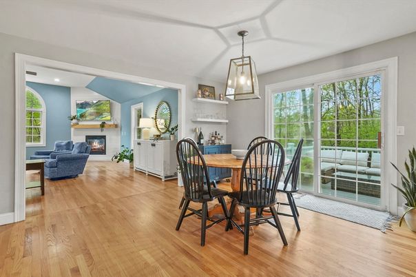 Dining room, Fireplace, Interior, Living room, Pendant Lights, Recessed Lighting, Wood Texture Flooring