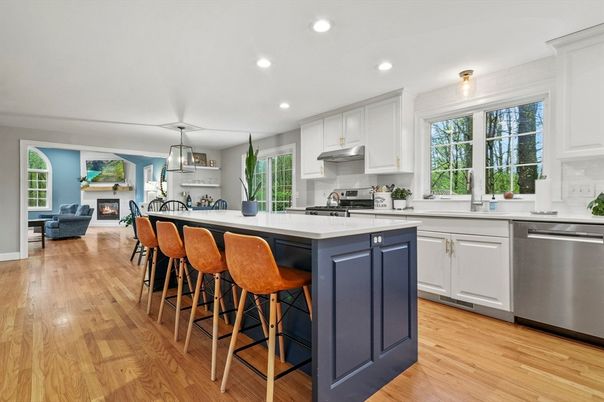 Fireplace, Interior, Kitchen, Living room, Pendant Lights, Recessed Lighting, Stainless Steel Appliances, Wood Texture Flooring