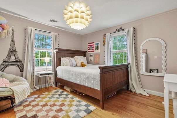 Bedroom, Chandelier, Interior, Wood Texture Flooring