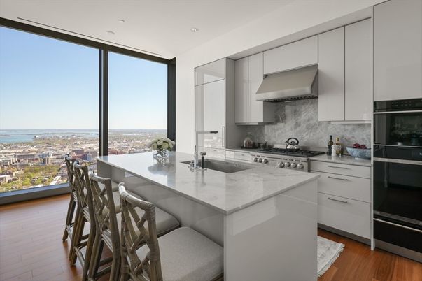 Interior, Kitchen, Recessed Lighting, Stainless Steel Appliances, Water, Wood Texture Flooring