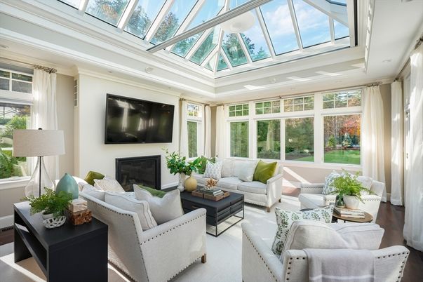 Fireplace, Glass Ceilings, Interior, Living room, Sun Room, Wood Texture Flooring