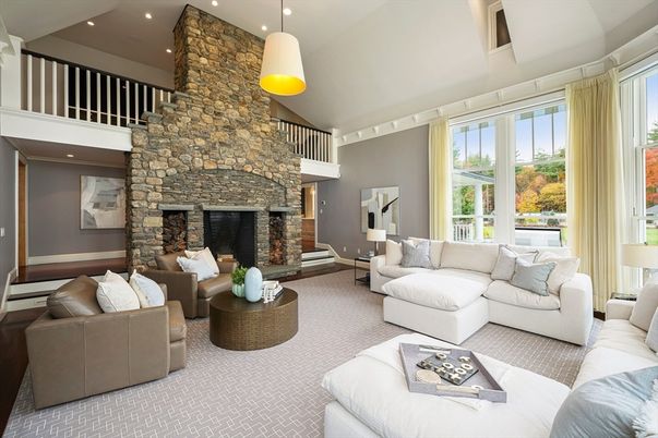 Fireplace, Interior, Living room, Pendant Lights, Recessed Lighting, Stone Walls