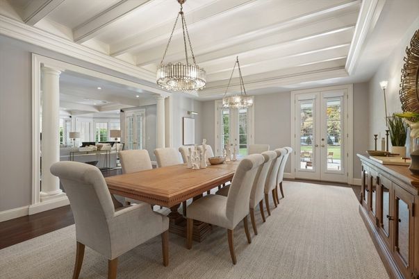 Chandelier, Dining room, Interior, Pendant Lights, Recessed Lighting, Wood Texture Flooring