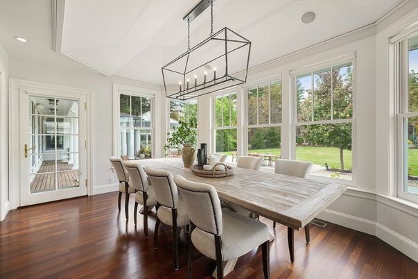 Dining room, Interior, Pendant Lights, Recessed Lighting, Wood Texture Flooring