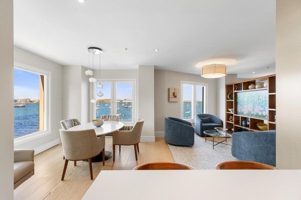 Dining room, Interior, Living room, Pendant Lights, Recessed Lighting, Water, Wood Texture Flooring