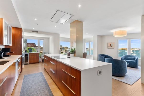 Interior, Kitchen, Living room, Pendant Lights, Recessed Lighting, Water, Wood Texture Flooring