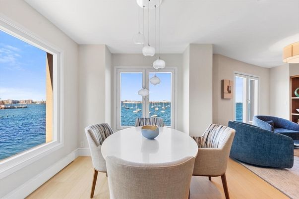 Dining room, Interior, Pendant Lights, Water, Wood Texture Flooring