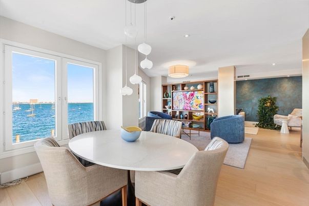 Dining room, Interior, Living room, Pendant Lights, Recessed Lighting, Water, Wood Texture Flooring