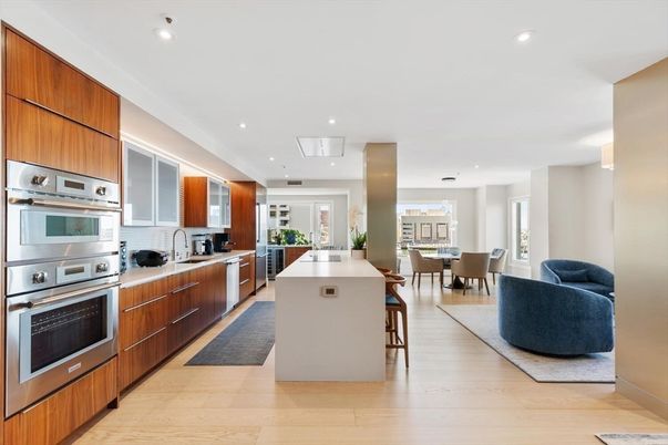 Dining room, Interior, Kitchen, Recessed Lighting, Stainless Steel Appliances, Wood Texture Flooring