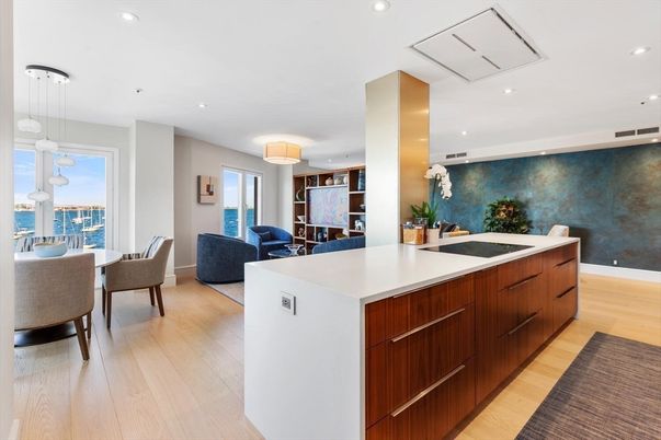 Dining room, Interior, Living room, Pendant Lights, Recessed Lighting, Water, Wood Texture Flooring