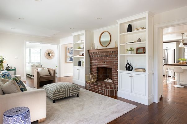 Fireplace, Interior, Kitchen, Living room, Pendant Lights, Recessed Lighting, Wood Texture Flooring