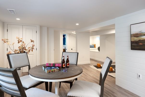 Dining room, Interior, Recessed Lighting, Wood Texture Flooring