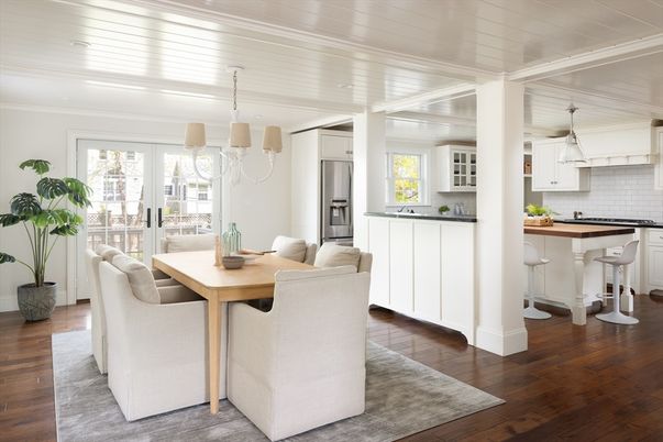 Dining room, Interior, Kitchen, Pendant Lights, Stainless Steel Appliances, Wood Texture Flooring