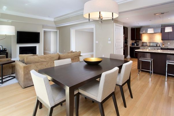 Dining room, Fireplace, Interior, Kitchen, Living room, Pendant Lights, Recessed Lighting, Stainless Steel Appliances, Wood Texture Flooring