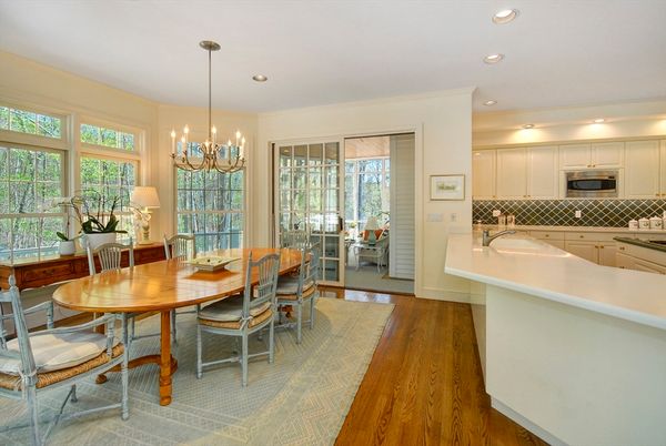 Chandelier, Dining room, Interior, Kitchen, Recessed Lighting, Wood Texture Flooring