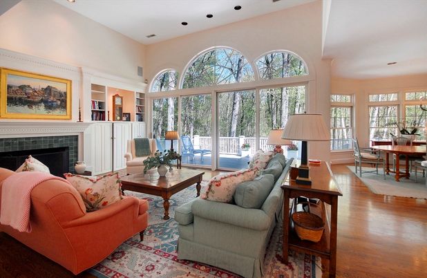 Dining room, Fireplace, Interior, Living room, Recessed Lighting, Wood Texture Flooring