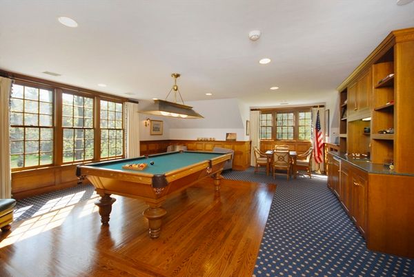 Billiard Table, Dining room, Game Room, Interior, Pendant Lights, Recessed Lighting, Wood Texture Flooring
