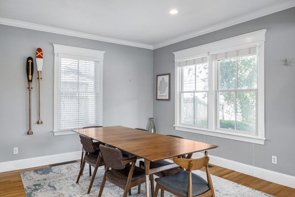 Dining room, Interior, Recessed Lighting, Wood Texture Flooring