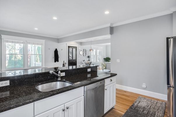 Interior, Kitchen, Pendant Lights, Recessed Lighting, Stainless Steel Appliances, Wood Texture Flooring