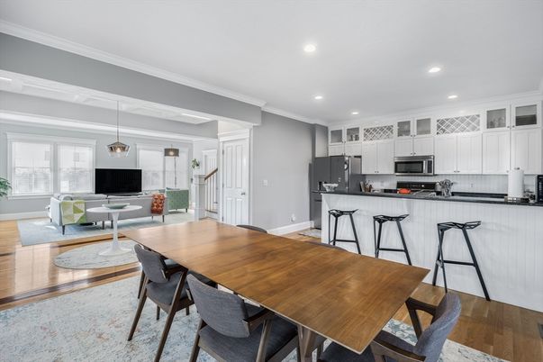 Dining room, Interior, Kitchen, Living room, Pendant Lights, Recessed Lighting, Stainless Steel Appliances, Wood Texture Flooring