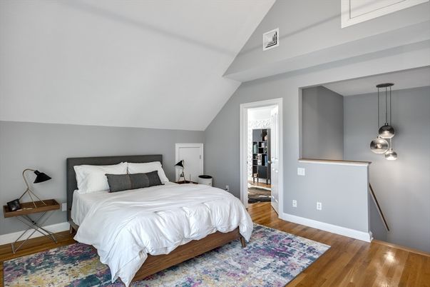 Bedroom, Interior, Pendant Lights, Wood Texture Flooring