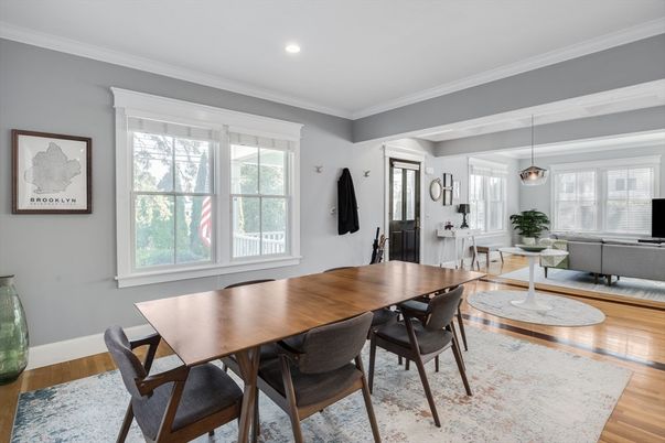 Dining room, Interior, Living room, Pendant Lights, Recessed Lighting, Wood Texture Flooring