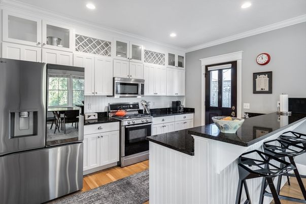 Dining room, Interior, Kitchen, Recessed Lighting, Stainless Steel Appliances, Wood Texture Flooring