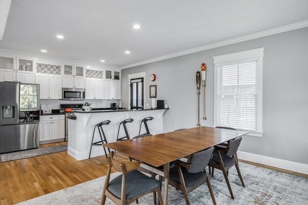 Dining room, Interior, Kitchen, Recessed Lighting, Stainless Steel Appliances, Wood Texture Flooring